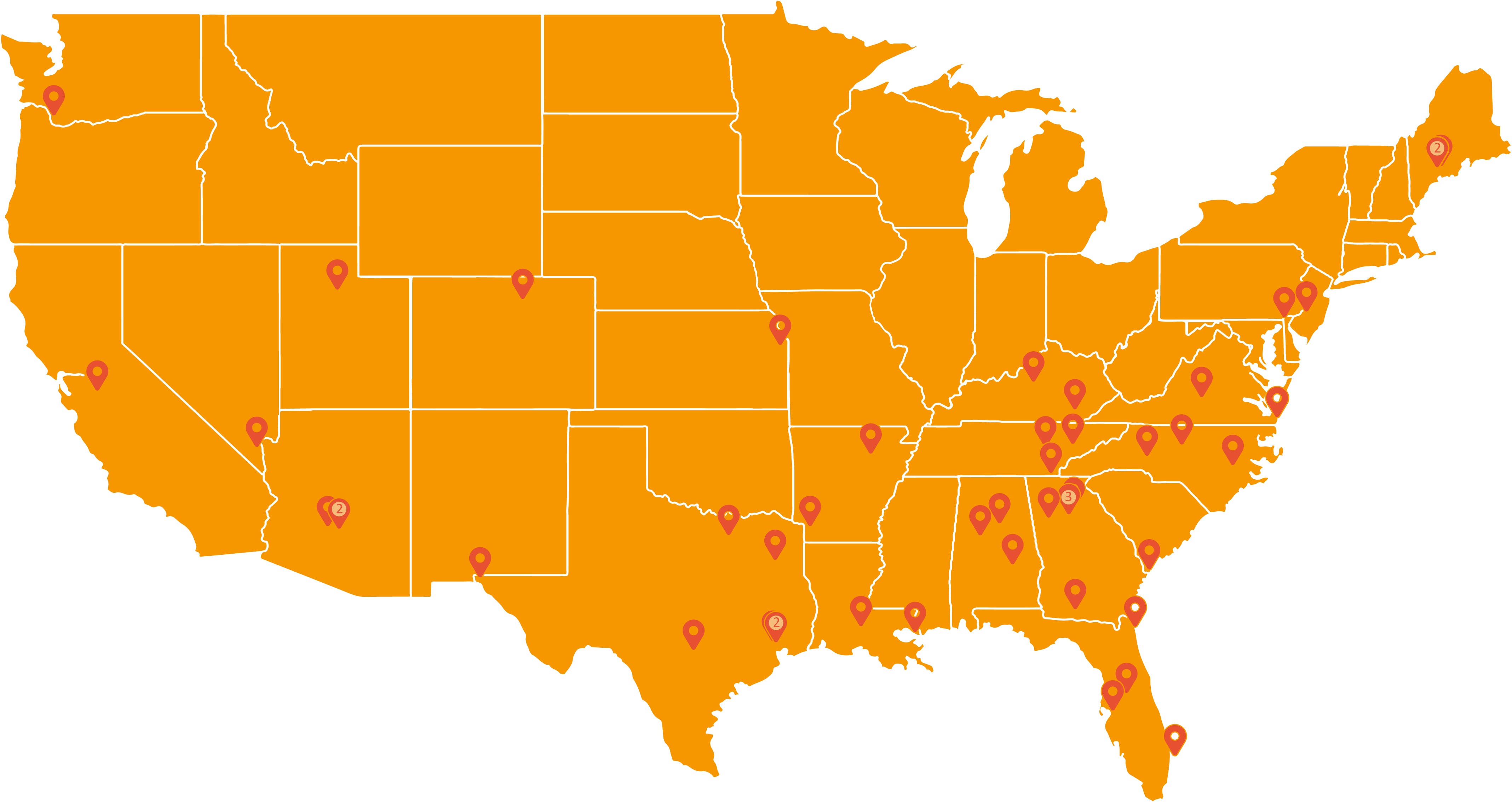 US map with 45 pins indicating bakery locations